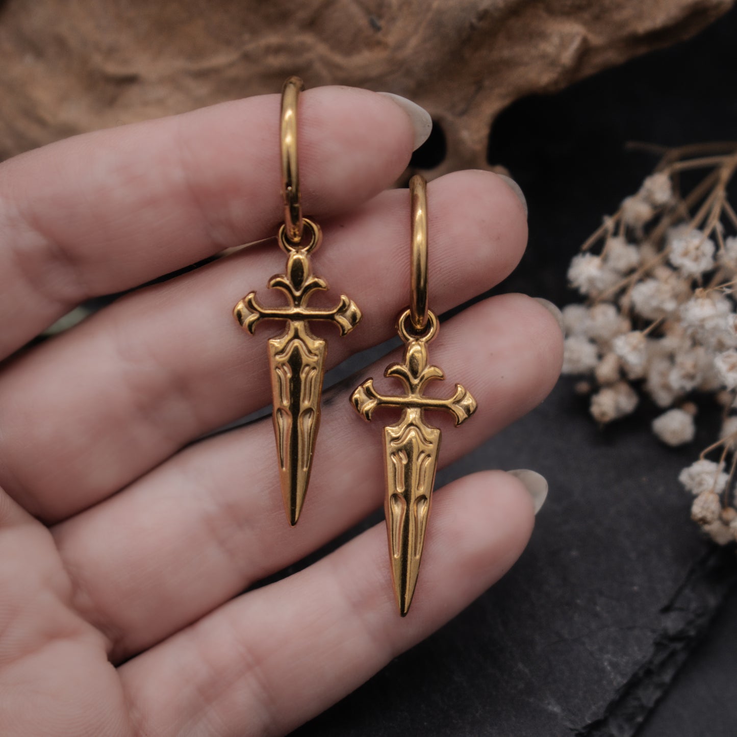 Golden Royal Sword Huggie Earrings