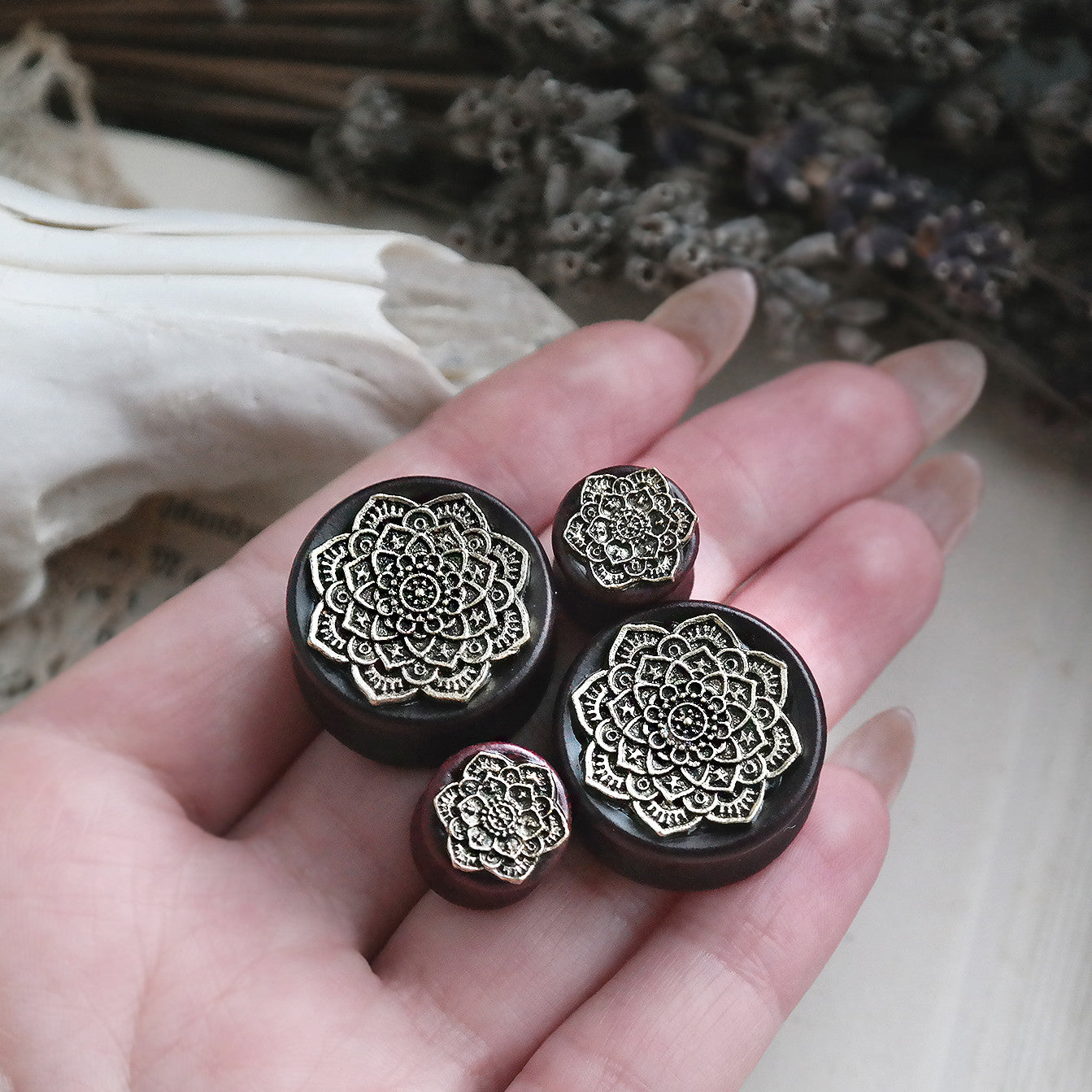 golden brass Mandala wood Plugs #751 - Fux Jewellery