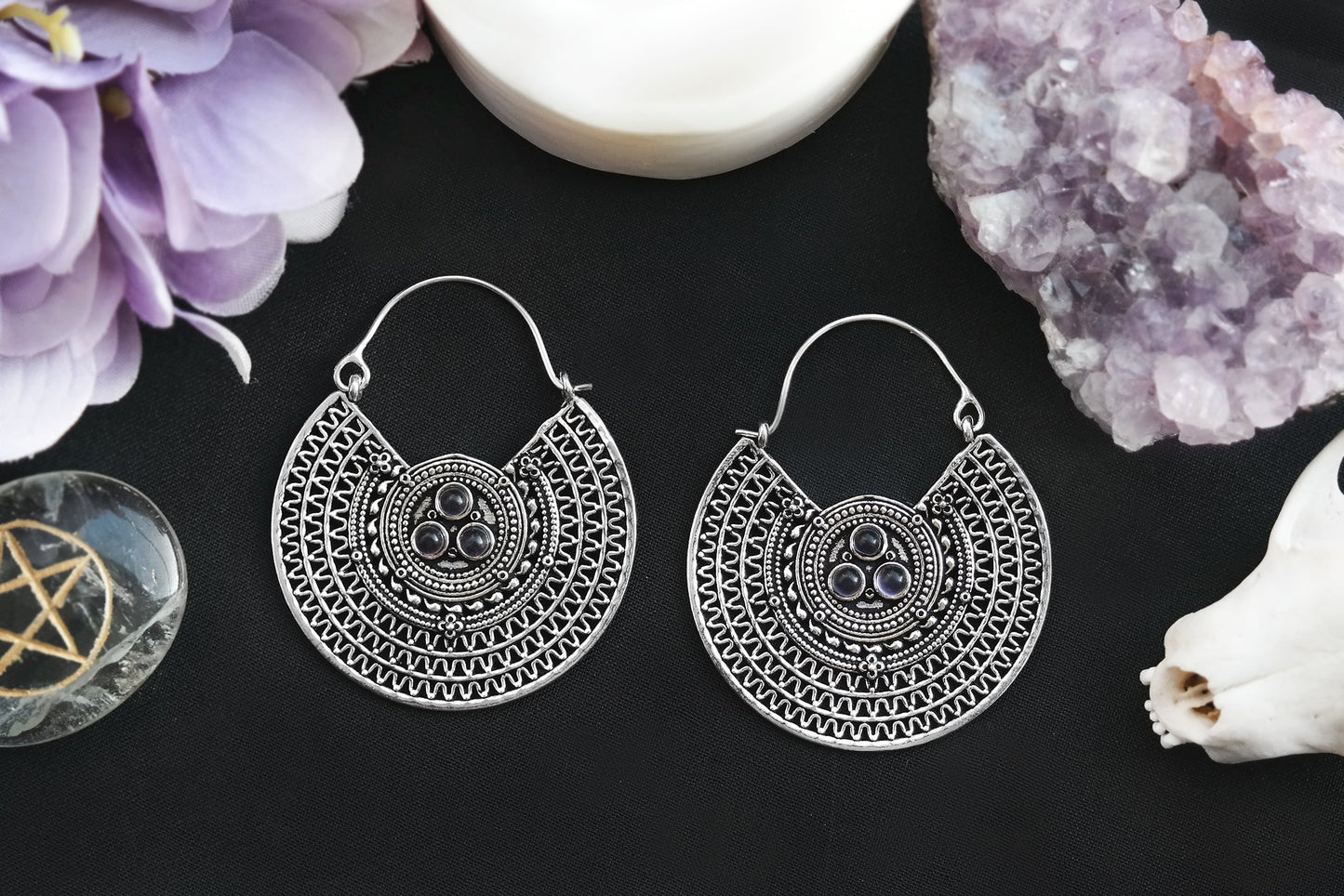 Silver Cryptic Amethyst Hoops #BE31 - Fux Jewellery