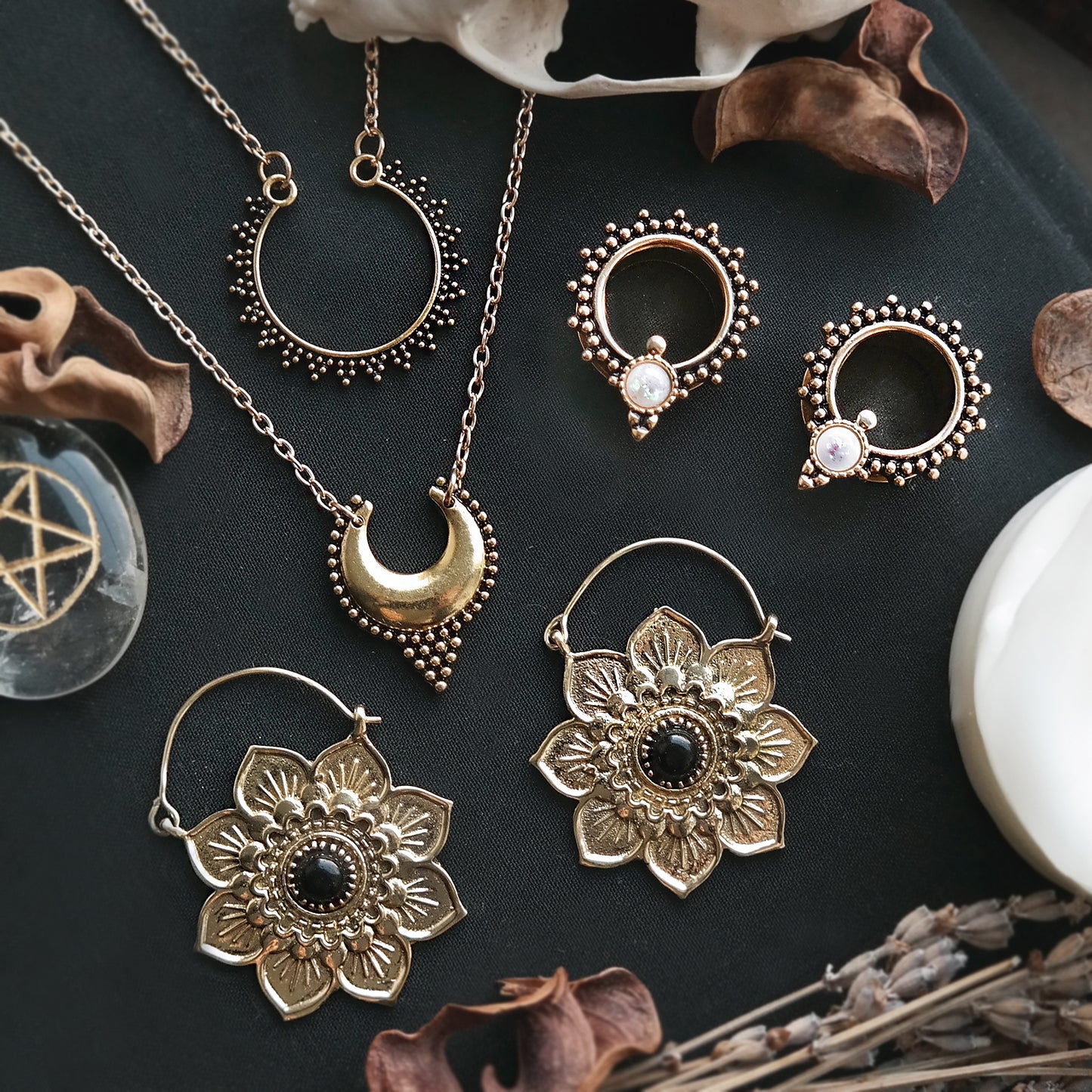 golden onyx Lotus Hoops #BE34 - Fux Jewellery