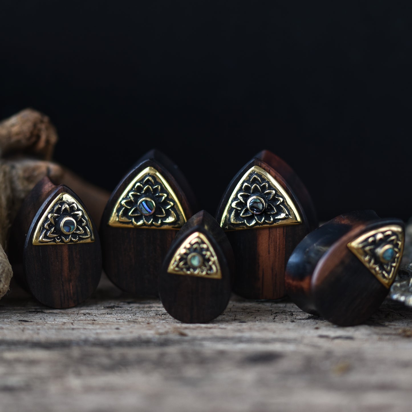 Abalone Brass Wood Teardrop Plugs
