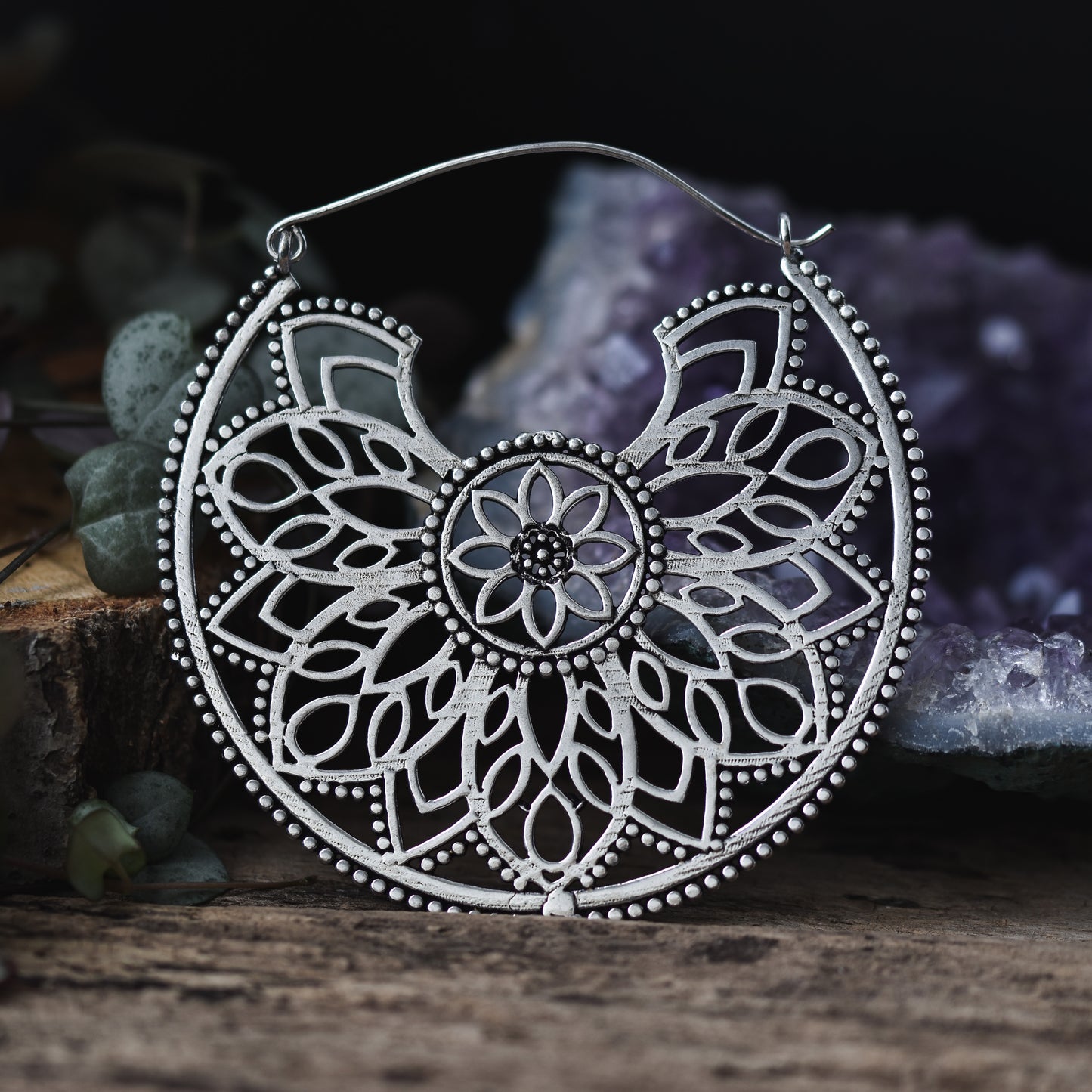 Large Silver Mandala Earring Hoops