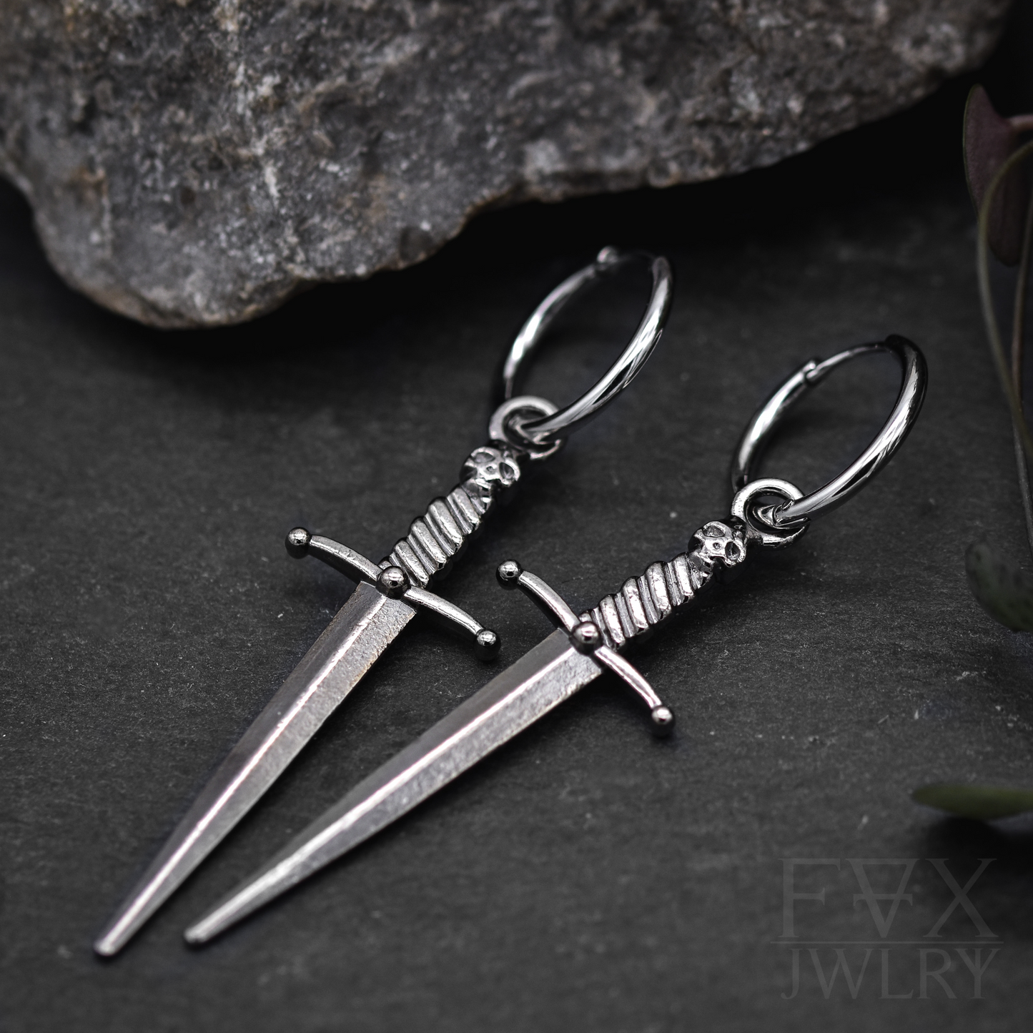 Silver Skull Sword Earring Hoops