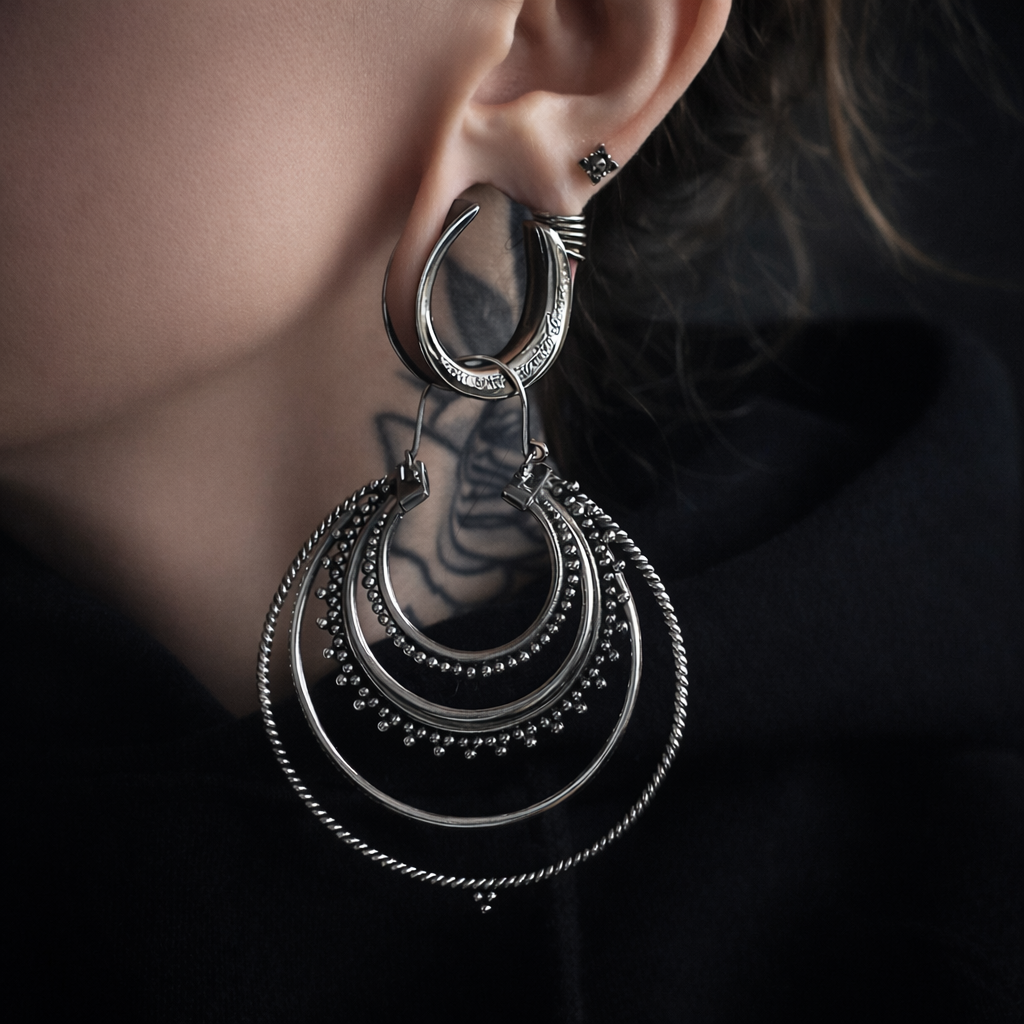 Large Tribal Hoops Earrings • Silver