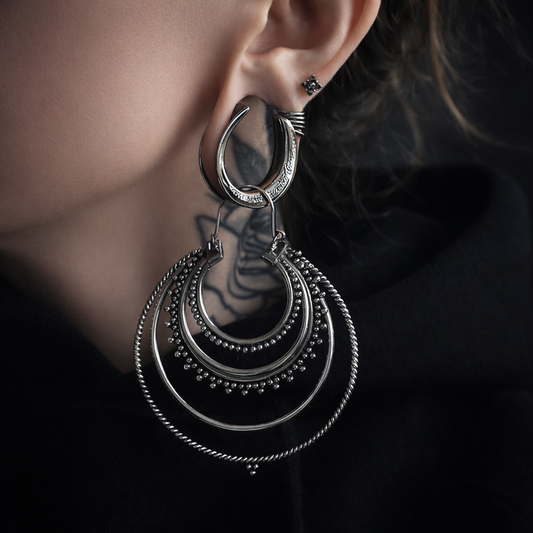 Large Tribal Hoops Earrings • Silver