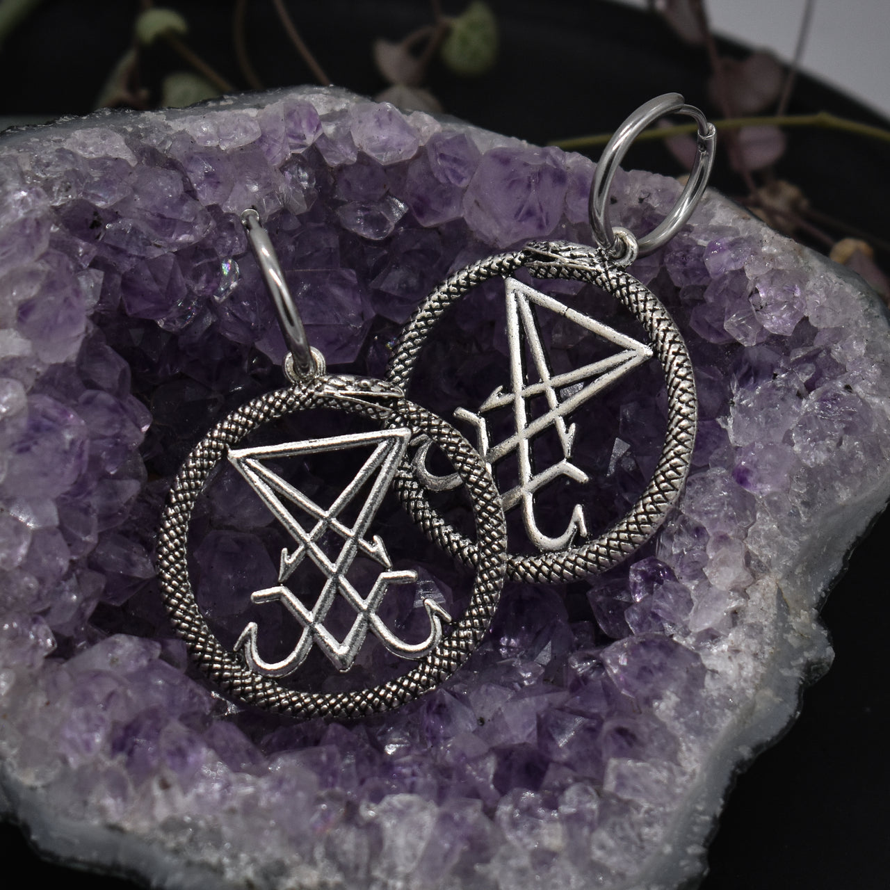 Silver Sigil of Lucifer Ouroboros Earrings