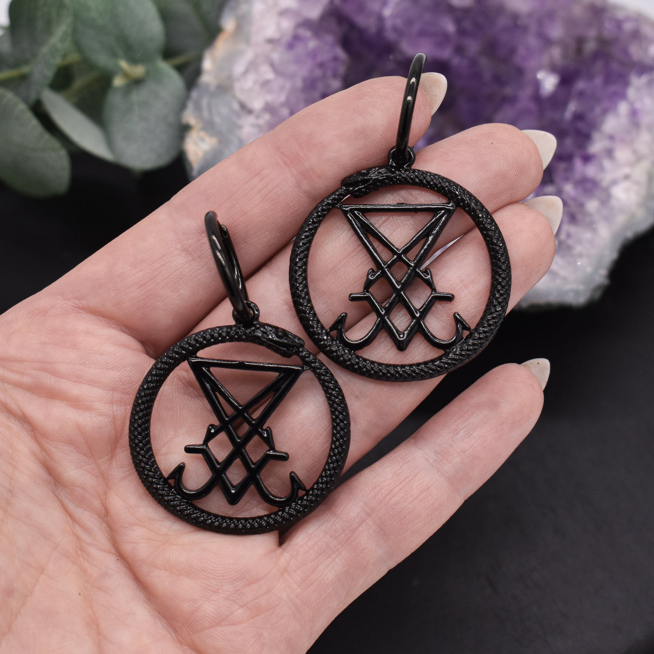 Black Sigil of Lucifer Ouroboros Earrings