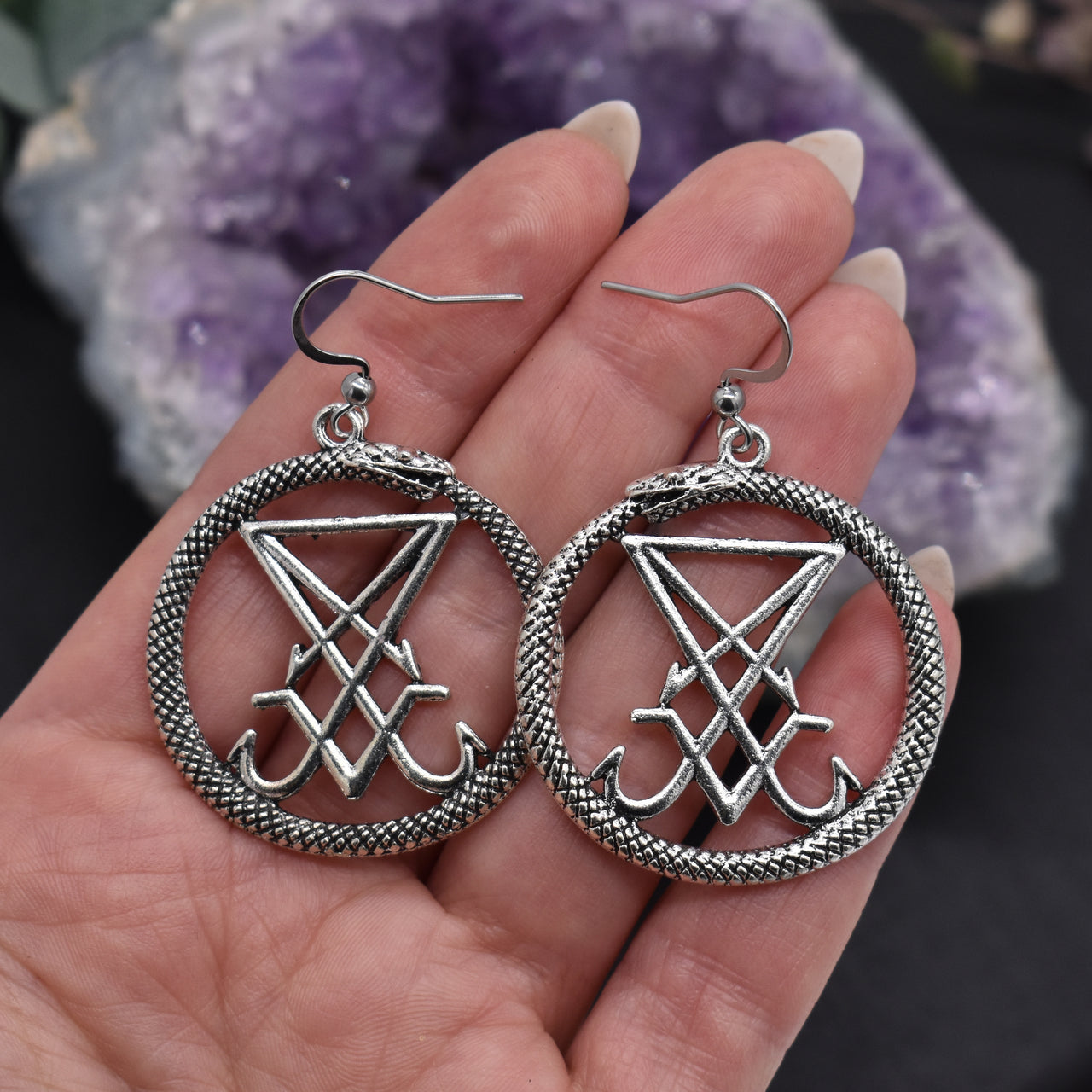Silver Sigil of Lucifer Ouroboros Earrings