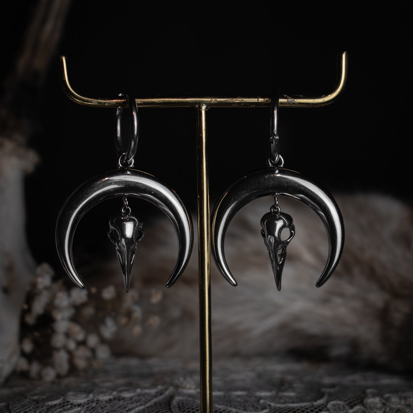 Silver Moon Raven Earrings