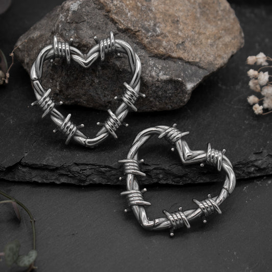 Silver Barbed Wire Heart Ear Weights