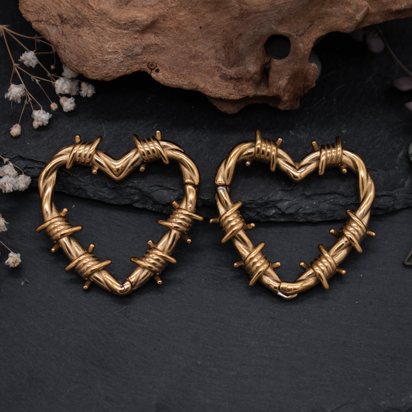 Golden Barbed Wire Heart Ear Weights