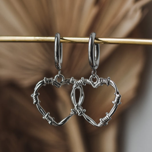 Silver Barbed Wire Heart Earrings