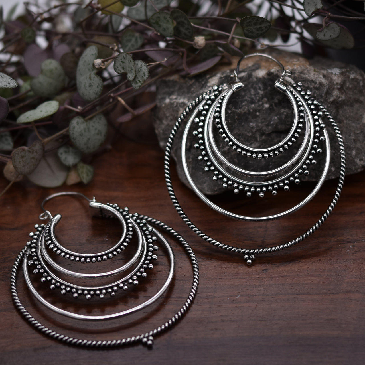 Large Tribal Hoops Earrings • Silver
