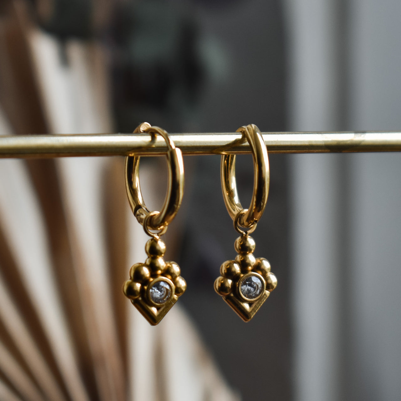 Golden Tribal Rhinestone Huggie Earrings