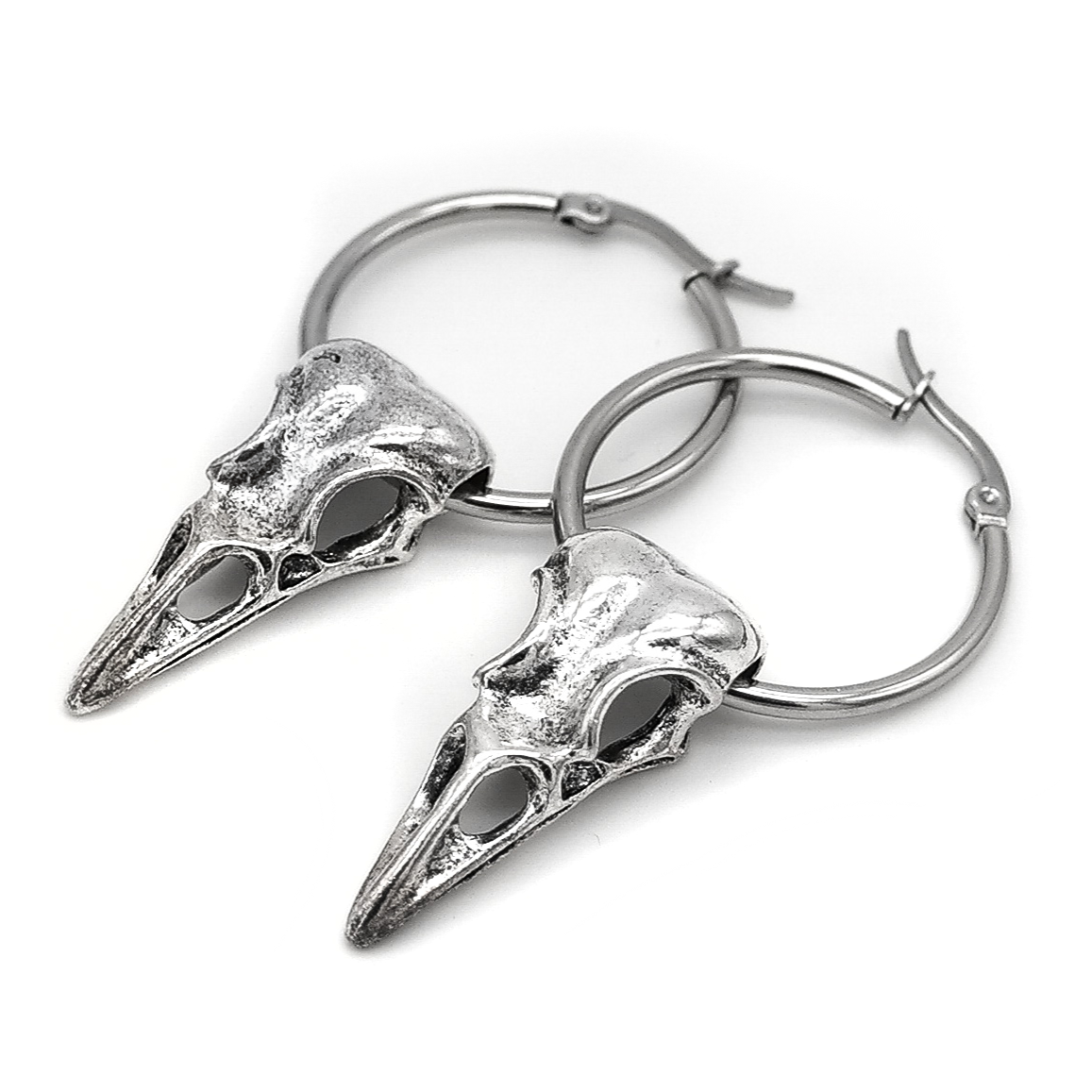 Silver Raven Skull Hoops