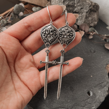 Silver Sword & Shield Earrings