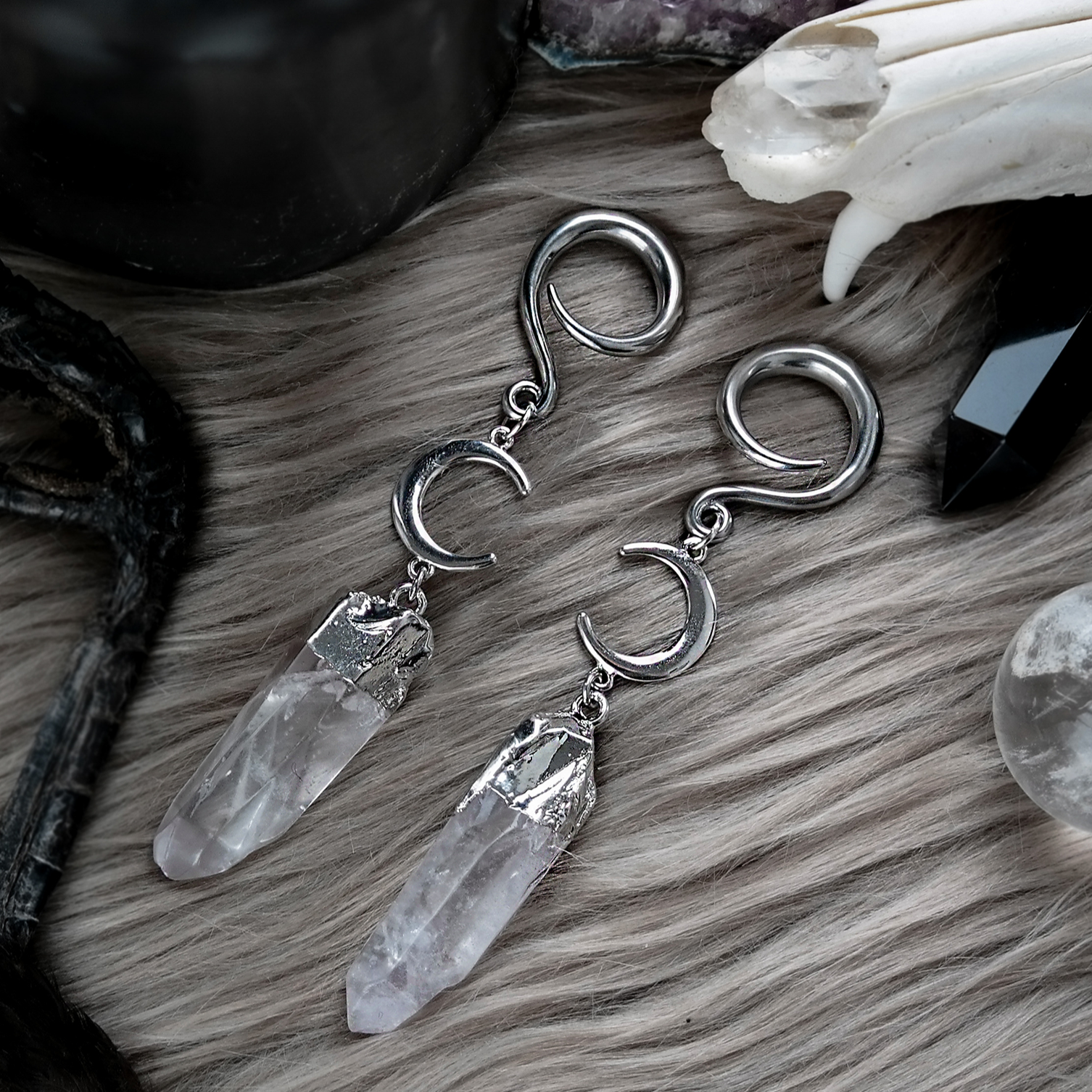 Silver Moon Quartz Crystal Ear Weights #EW29 - Fux Jewellery