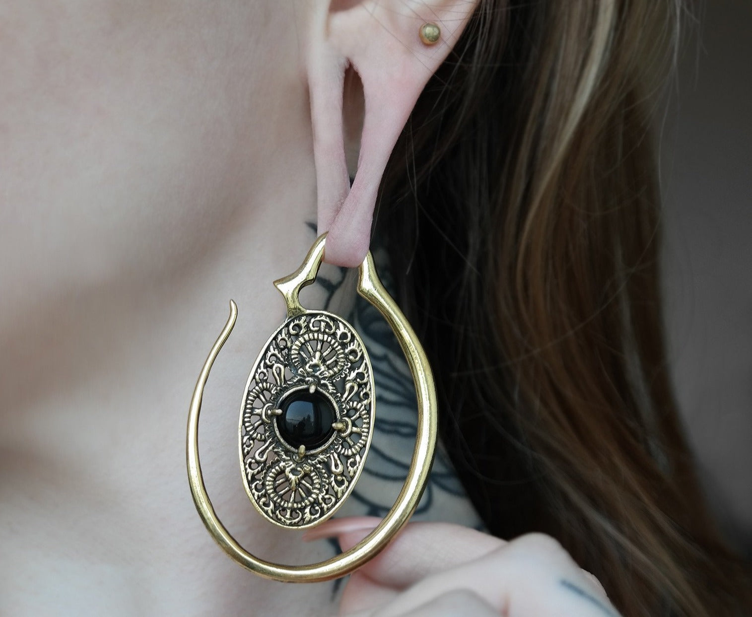 Oval Brass Onyx Ear Weights #EW01 - Fux Jewellery