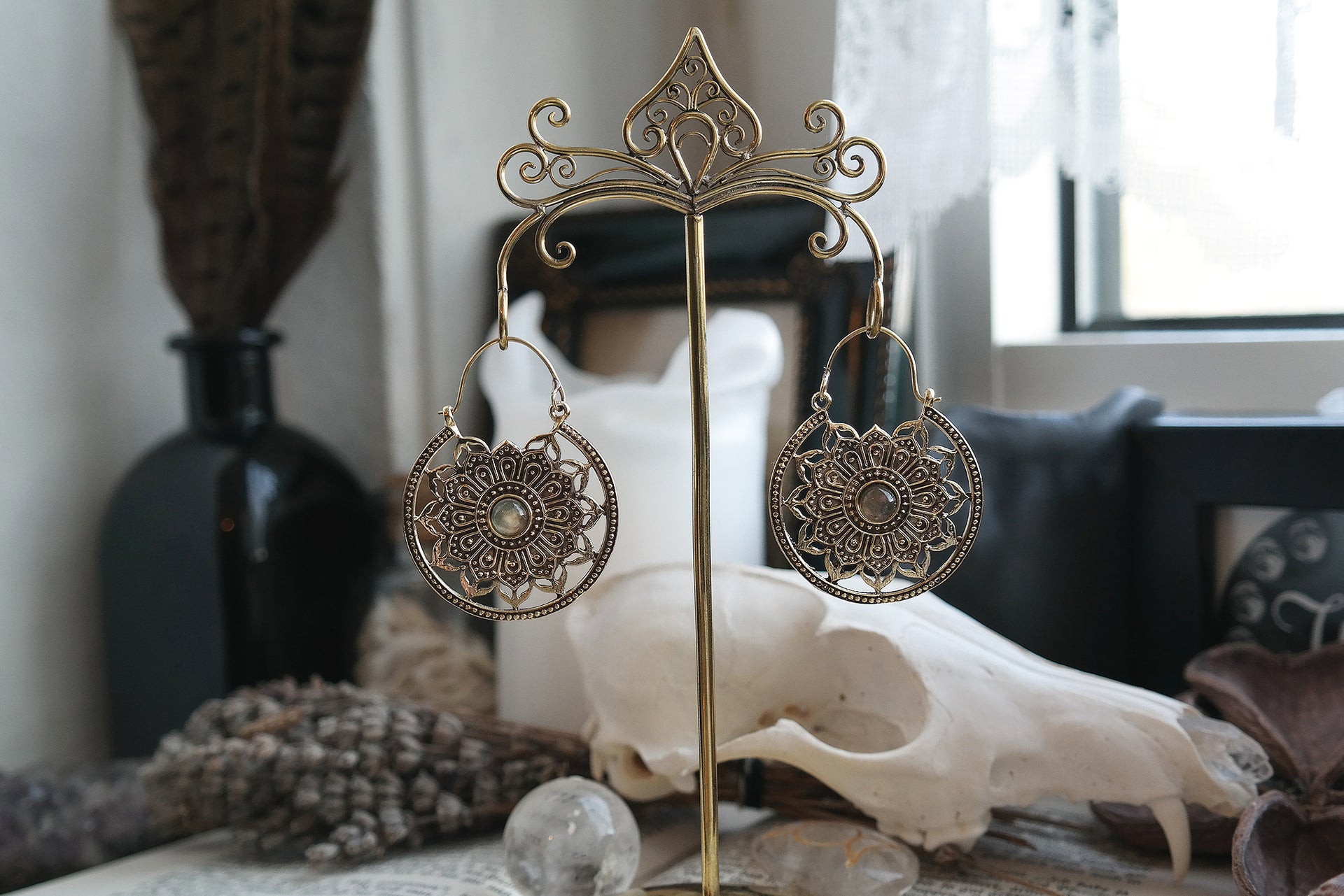 Mandala Labradorite Brass Hoops #BE19 - Fux Jewellery