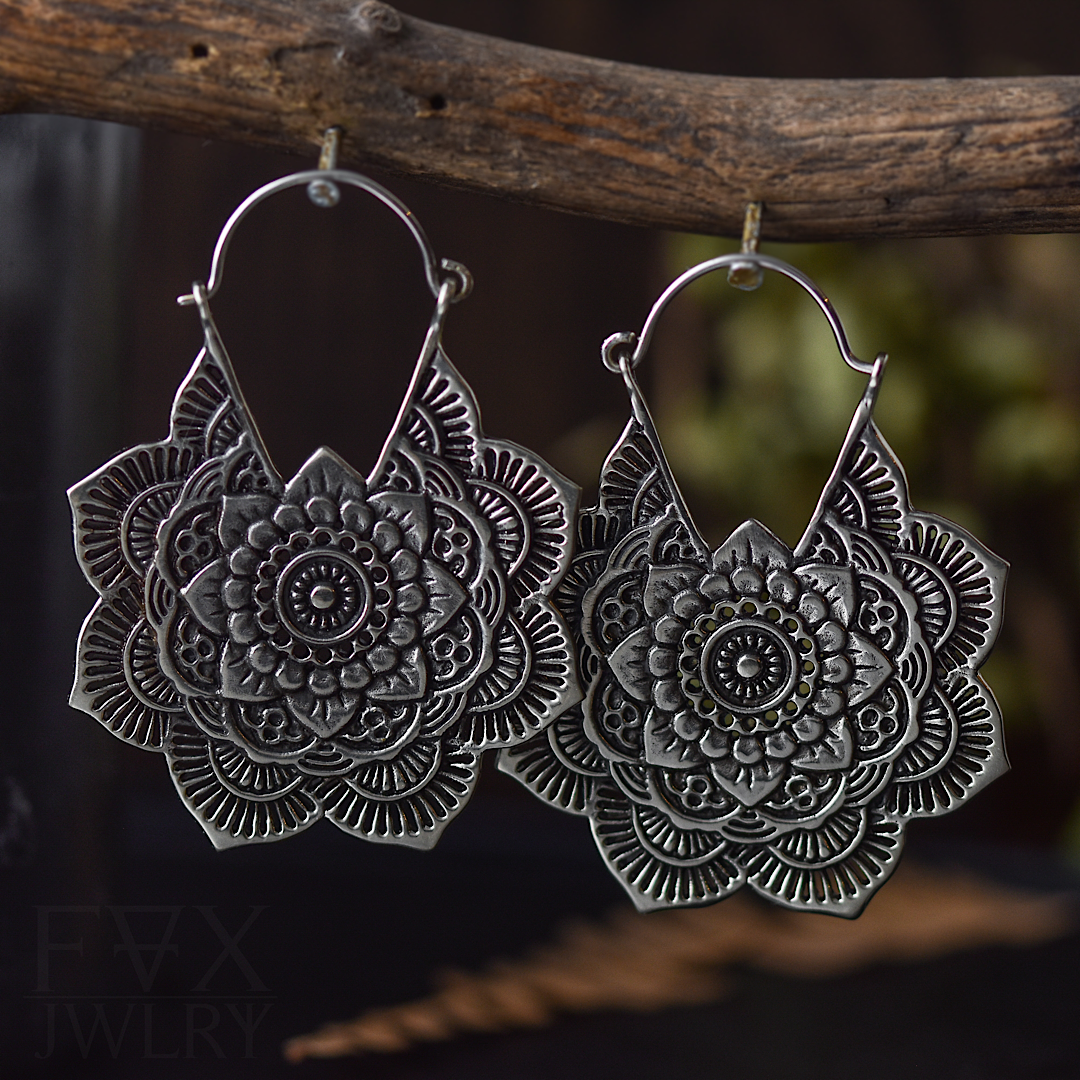 Silver Mandala Flower Earrings