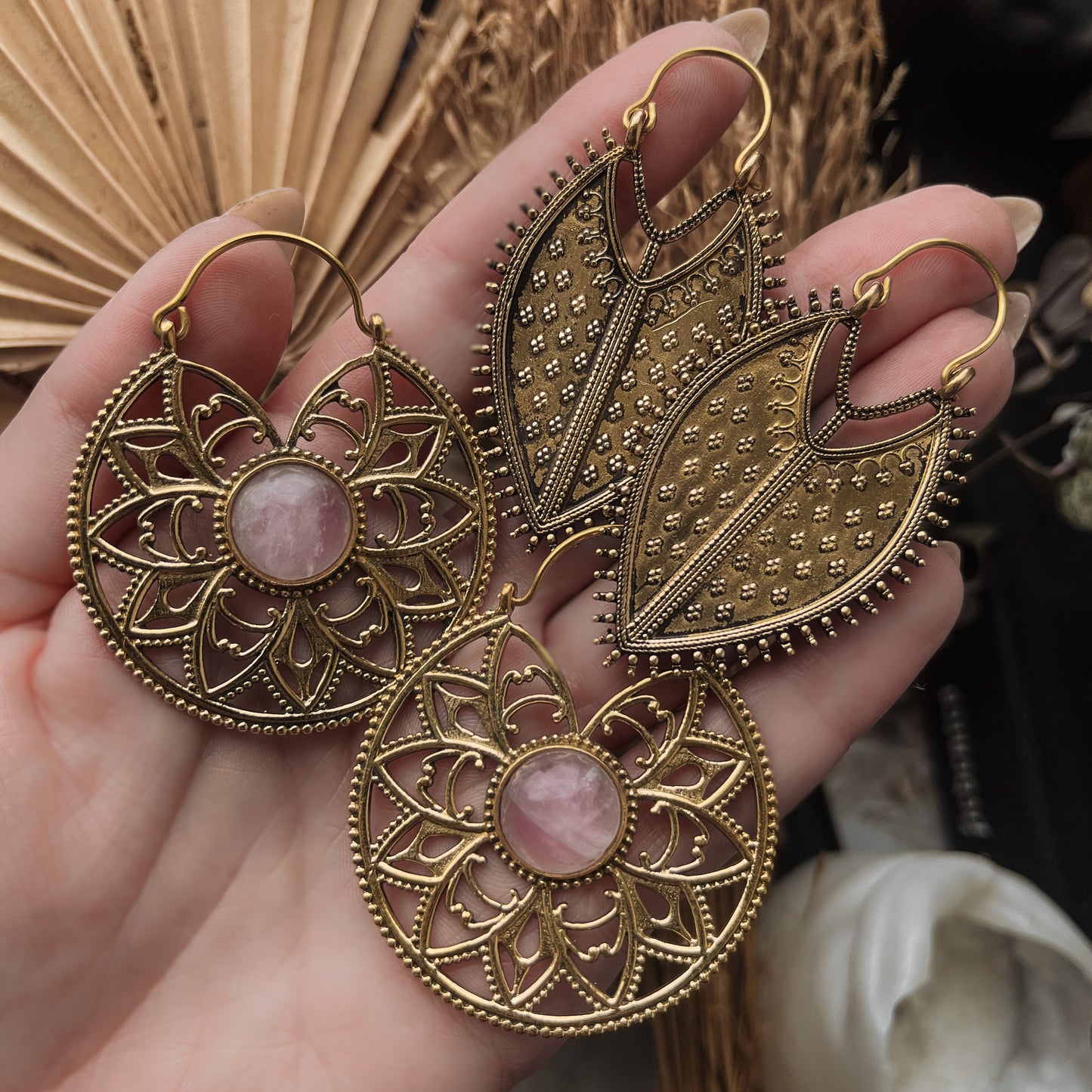 Golden Rose Quartz Mandala Earrings