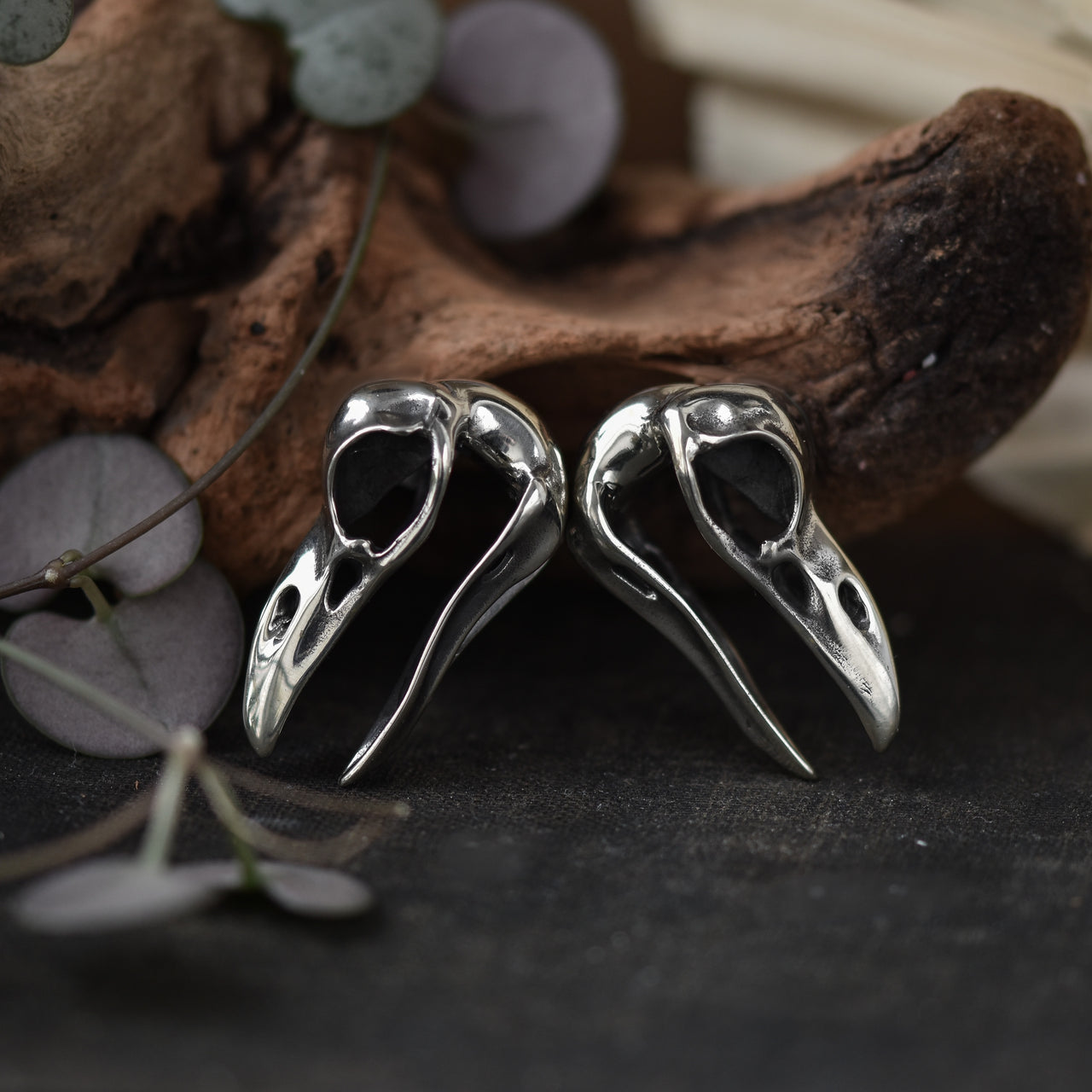 Small Silver Raven Skull Ear Weights