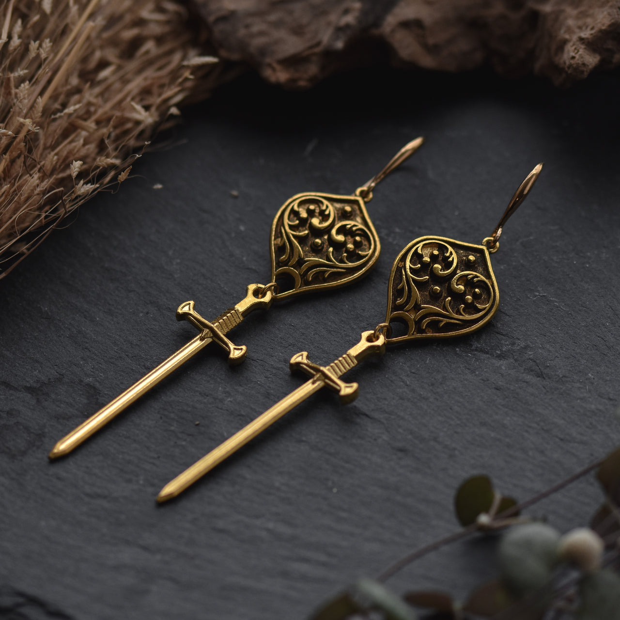 Golden Sword & Shield Earrings